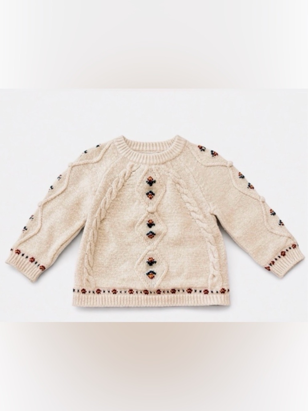 Zara Cream Cable-Knit Sweater with Embroidered Floral Details